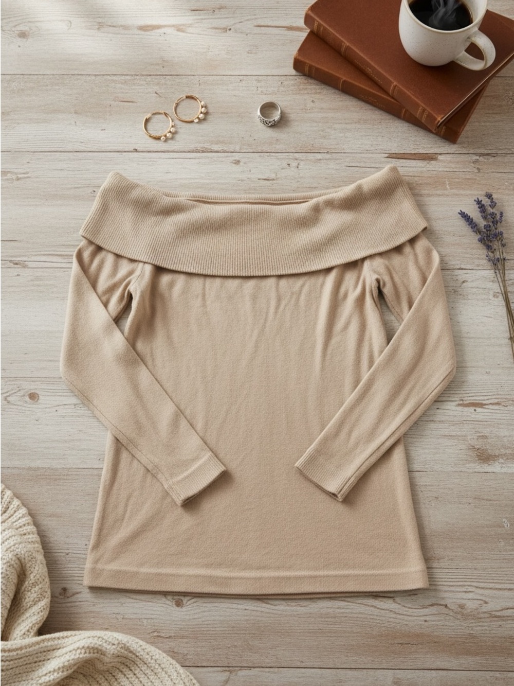 Poof! Beige Fold-Over Off-Shoulder Sweater